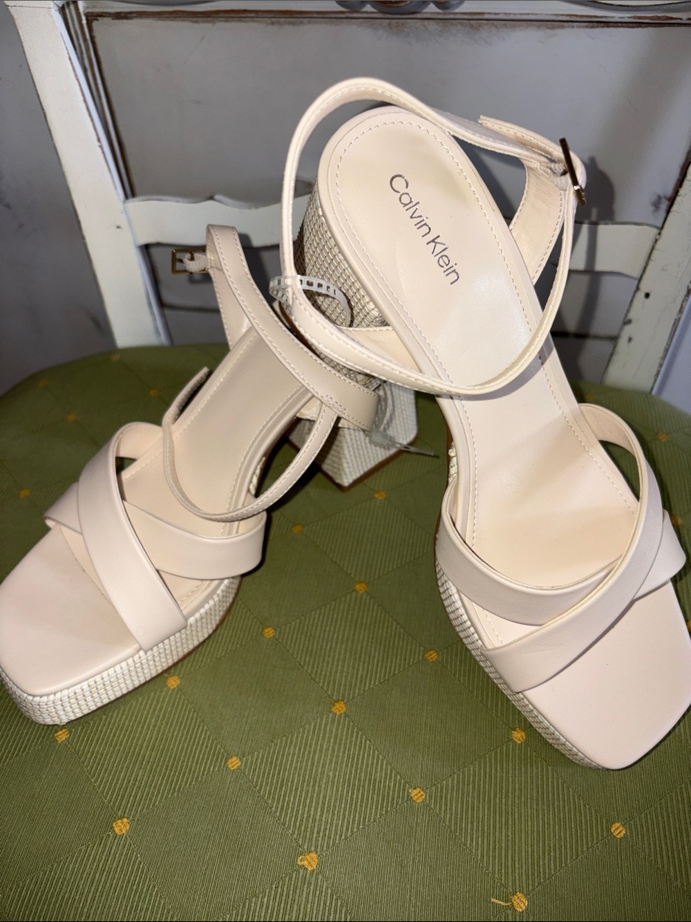 Calvin Klein Women's Cream Strappy Block Heel Sandals 81/2